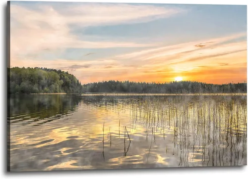 Miniatura 16 de Inpraradiso - Lienzo de Arte de Pared de Naturaleza: Cuadro Panorámico de Paisaje de Lago de Montaña, Árboles del Bosque, Impresión Artística