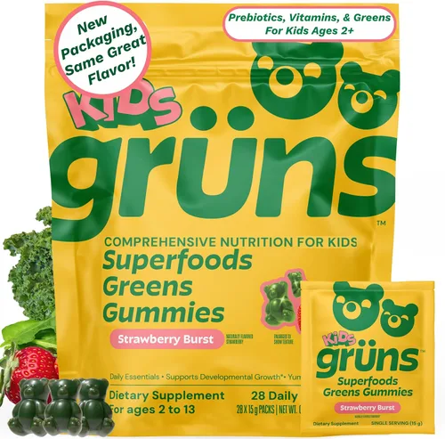 Gruns Multivitamínico para niños, gomitas Super Greens, más de 20 vitaminas y minerales, espirulina, clorella, alfalfa, fibra prebiótica para la