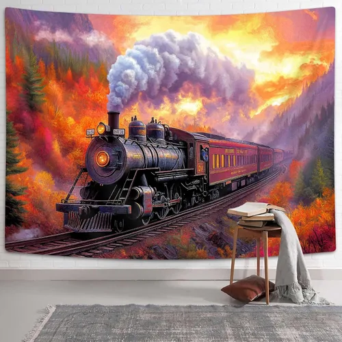 Miniatura 3 de Tapiz de Tren de Vapor, Tapices de Paisaje Otoñal de Tren de Motor Antiguo Decoración para Niños, Tapices de Arte de Acuarela de Bosque de Montaña