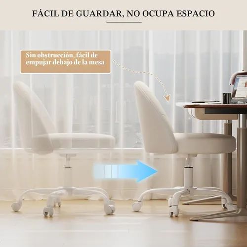 Miniatura 5 de Silla de tocador de terciopelo con ruedas, silla giratoria de maquillaje de altura ajustable, silla de escritorio pequeña sin brazos para Blanco