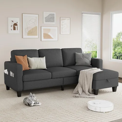 Miniatura 8 de Sofá modular para sala de estar, sofá gris oscuro de 3 plazas en forma de L con otomana de almacenamiento, cómodos sofás seccionales convertibles
