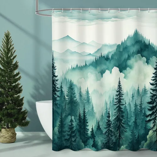 Miniatura 11 de Litabel - Cortina de ducha negra pequeña de 36 x 72 pulgadas, diseño de bosque de pino neblinoso, cortinas de ducha estrechas de medio