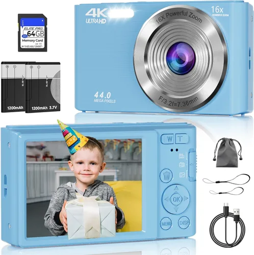 Miniatura 13 de Cámara digital, cámara de enfoque automático 4K para fotografía con tarjeta de 64GB, cámara digital compacta portátil de 44MP para adolescentes
