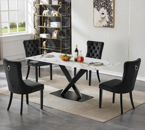 Miniatura 17 de Juego de mesa de comedor de mármol blanco para 4, 70 pulgadas, mesa de comedor de mármol blanco con 4 sillas de terciopelo beige y base de acero al