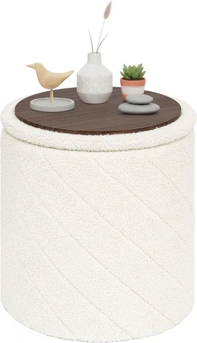 Miniatura 11 de PINPLUS Otomana con Stroage redondo Boucle otomana y bandeja Sherpa extraíble pie taburete mesa de café para dormitorio, sala de estar, negro, 16.9
