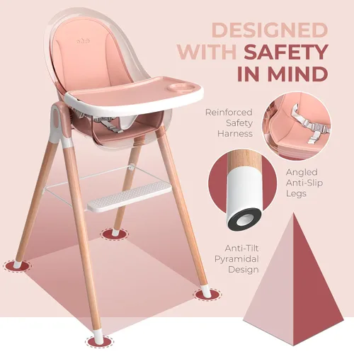 Miniatura 3 de Silla alta de madera de lujo 6 en 1 para bebés y niños pequeños, moderna, segura y compacta, fácil de limpiar, bandeja y cojín extraíbles, 6 Rosa