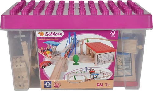Miniatura 4 de Eichhorn - Juego de tren de madera grande (58 piezas), color marrón
