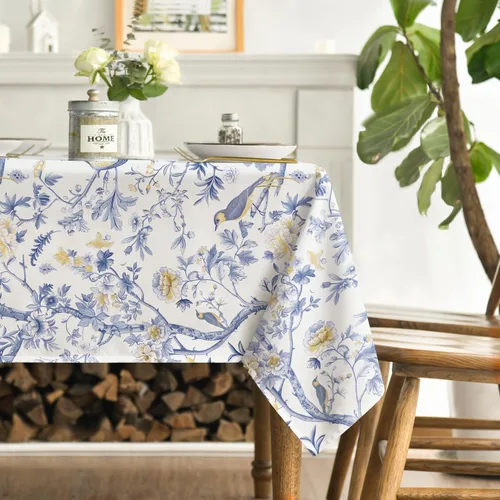 Miniatura 3 de Horaldaily Mantel Chinoiserie de 52 x 70 pulgadas, rectangular, moderno de temporada, diseño de flores de pavo real, con pompones, lavable