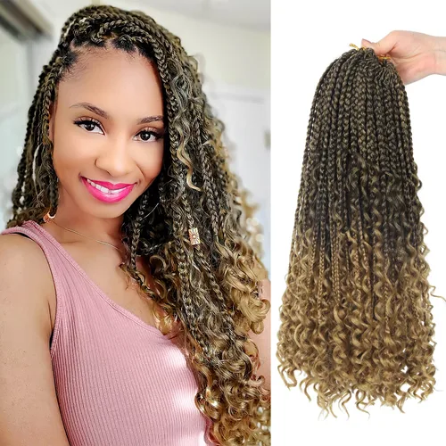 Miniatura 66 de Goddess Box Braids - Trenzas de cabello a ganchillo con extremos rizados, trenzas de caja bohemianas de 16 pulgadas, trenzas de ganchillo, 8 1B-4-30