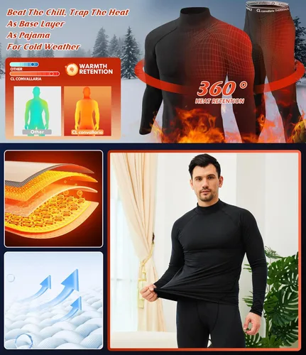 Miniatura 7 de CL convallaria Thermal Underwear for Men Long Johns Fleece Lined Hunting Gear Set Base Layer for Cold Weather XS-4XL