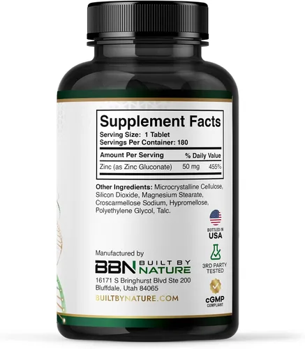 Miniatura 5 de Built By Nature Zinc 50 mg – Gluconato de zinc para un apoyo inmune y antioxidante altamente absorbible – Promueve la salud de la piel, los ojos
