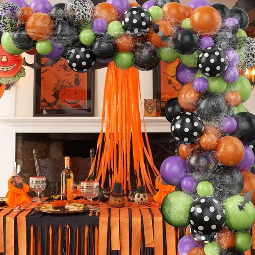 Miniatura 6 de Kit de arco de globos de Halloween de 155 piezas, kit de guirnalda de globos de color negro, naranja, morado y verde, con arañas de telaraña