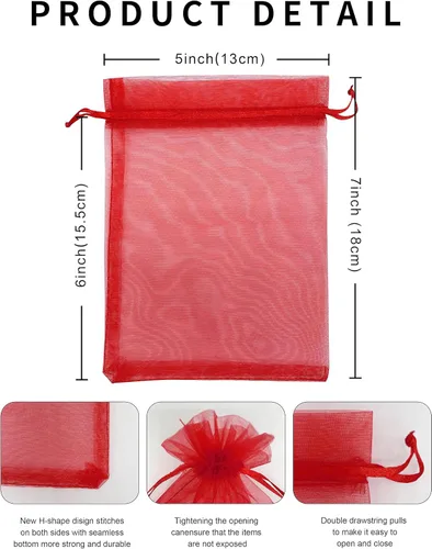 Miniatura 3 de Jexila 100 piezas bolsas de organza roja de 5''X7'' de malla transparente navideña con cordón, bolsas de regalo pequeñas para joyería, bodas, Rojo
