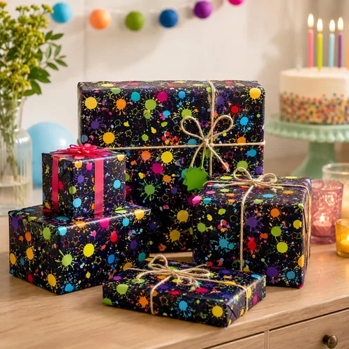 Miniatura 5 de Juego de 12 hojas de papel de regalo de neón brillante, 6 diseños de neón coloridos, envoltura de regalo para temática de luz negra neón brillante