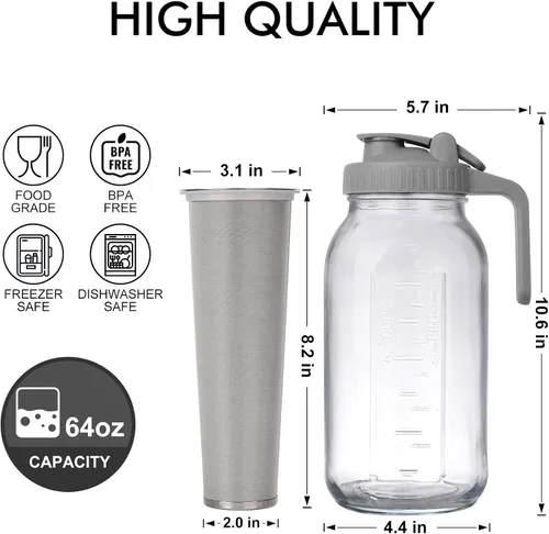 Miniatura 2 de Cafetera helada en tarro de cerveza fría, vidrio duradero, 64 onzas (2 cuartos de galón/1.9 litros), con asa y filtro de acero inoxidable para café