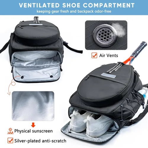 Miniatura 3 de Mochila de Tenis con Soporte para 2 Raquetas, Bolsa de Raqueta de Tenis de Cuero PU Resistente al Agua para Mujeres y Hombres, Mochila Deportiva