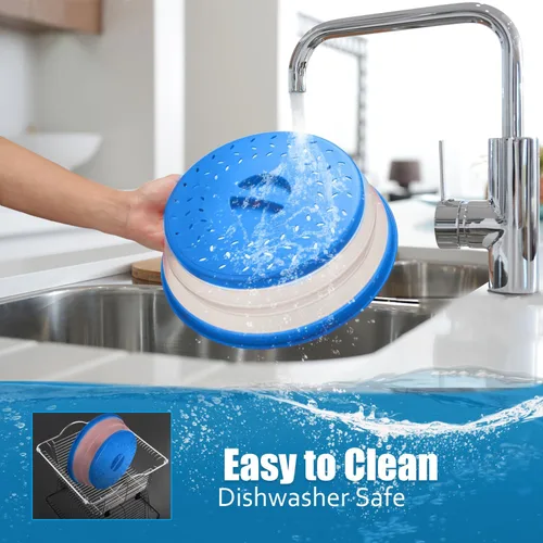 Miniatura 5 de Cubierta para salpicaduras de microondas cubierta de microondas para alimentos sin BPA, 10.5 pulgadas, redonda con mango de agarre (azul)