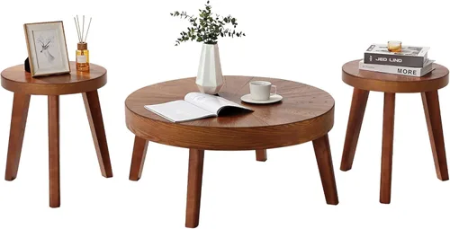 Miniatura 9 de HOKYHOKY Juego de 3 mesas de centro redondas estilo granja, mesas nido de estilo bohemio para sofá, mesas auxiliares con acabado natural de madera