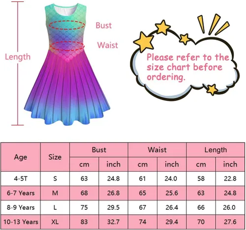 Miniatura 6 de Funnycokid Vestido de sirena para niñas, vestidos de verano sin mangas, vestido de cumpleaños, vestido de verano con vuelo, traje de 4 a 13 años