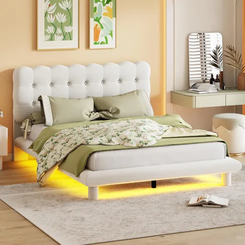 Miniatura 20 de Cama de plataforma flotante, marco de cama de madera tamaño individual con rayas claras, tela de lino suave y cabecera de diseño capitoné