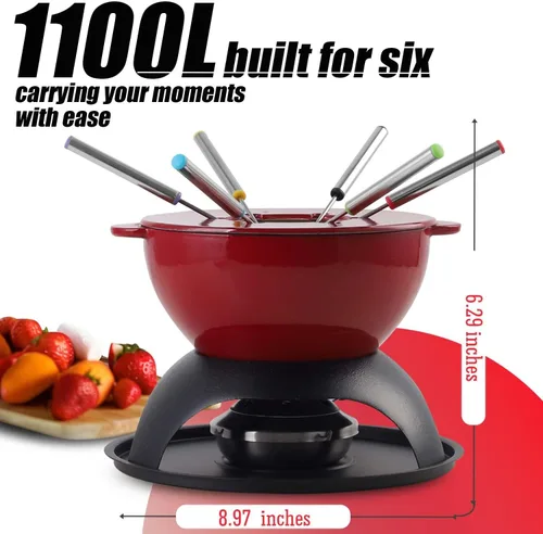 Miniatura 4 de Artestia Olla de fondue de hierro fundido para chocolate, olla de fondue de queso de 5 tazas con 6 tenedores de colores para fiesta de fondue, 4-6