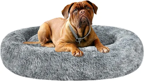 Coohom Cama Ovalada Calmante Tipo Dona Acurrucadora para Perros, Cama de Piel Sintética Afelpada para Gatos Lavable Almohada Redonda para Mascotas