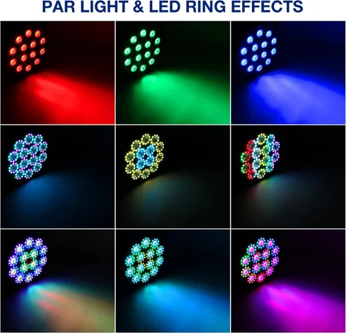 Luces LED Par de escenarios: 100 W regulables de doble efecto 10 anillos LED rodeado de 14 RGBW Par Can - Control remoto y DMX - para fiesta de DJ,