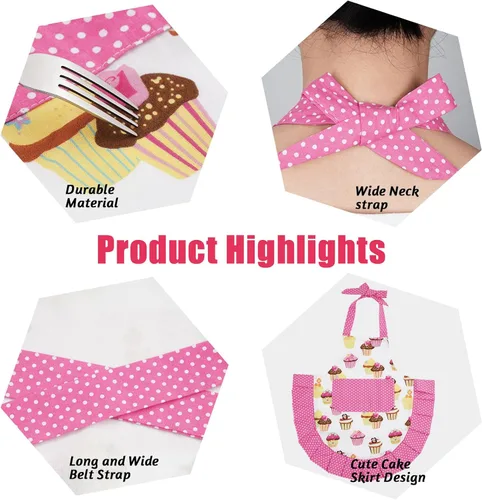 Miniatura 6 de Claswcalor Delantal de cocina para niños y niñas, 100% algodón, lindo delantal para hornear cupcakes, delantal de cocina ajustable, delantal rosa