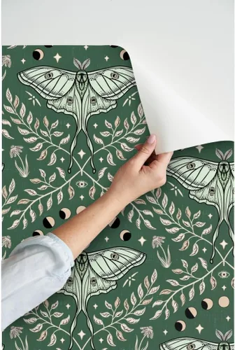 Miniatura 3 de Spoonflower Papel tapiz autoadhesivo de 12 x 2 pies – Polillas Damasco Luna Verde Oliva Hojas Grandes Celestial Papel tapiz extraíble personalizado