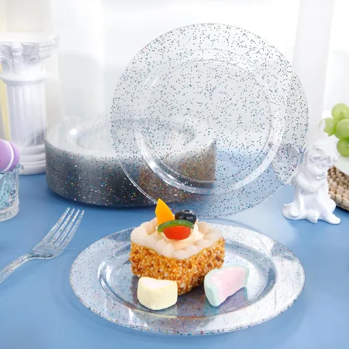 Miniatura 5 de Liacere 100 piezas de platos de plástico con purpurina de colores - transparentes - platos de postre - platos de cena de 7.5 pulgadas con purpurina