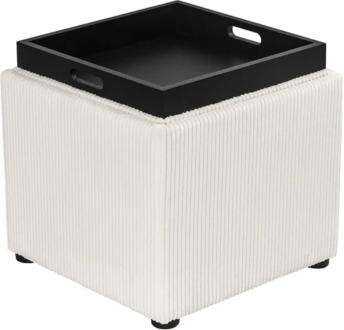 Adeco Otomana de almacenamiento cuadrado de 17" con tapa de bandeja reversible, reposapiés de pana para sala de estar, pequeña mesa de café y mesa