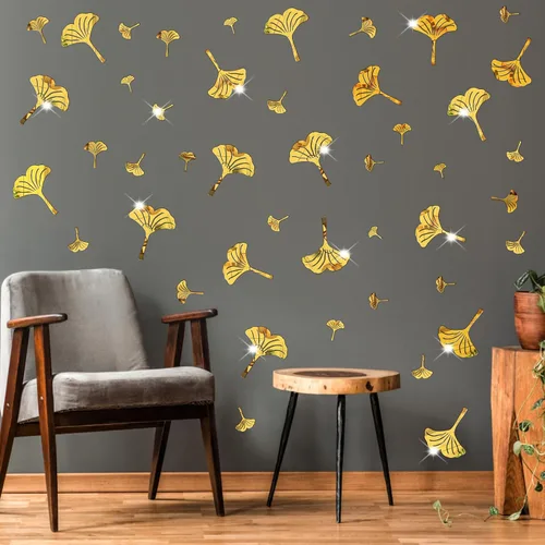 Miniatura 12 de Calcomanías de pared de hojas doradas, calcomanías de pared de hojas verdes, calcomanías de pared modernas para dormitorio, sala de estar, Oro