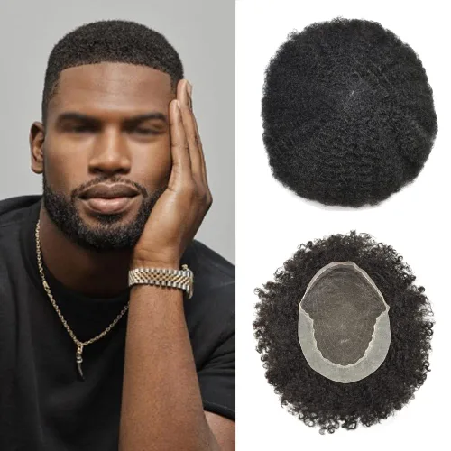 Miniatura 12 de Afro Toupee para hombres negros encaje tupé rizado rizado sistema de reemplazo indetectable Afro unidades de cabello para hombre negro 8X10 Off OFF