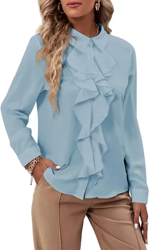 Miniatura 27 de LYANER - Blusa de manga larga con cuello de botón y volantes en la parte delantera para mujer