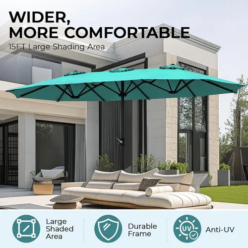 Miniatura 3 de Sombrilla de doble cara para patio de 15 x 9 pies con base y manivela, sombrilla rectangular extragrande para patio, césped y jardín, beige
