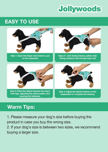 Miniatura 8 de Jollywoods Paquete de 3 Pañales Lavables para Perras Tipo Enterizo Bragas Sanitarias con Tirantes Ajustables, Pañales Fijos Reutilizables