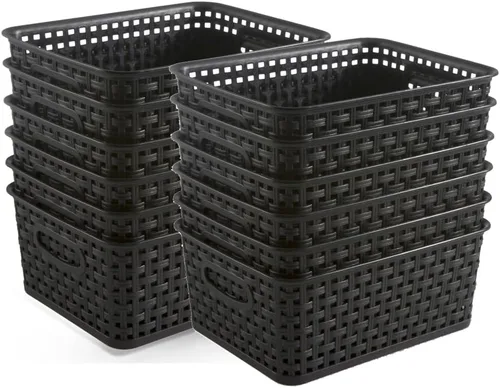Miniatura 13 de Cestas de almacenamiento tejidas de plástico negro, paquete de 6 cestas de tejido organizador para cocina, oficina, baño