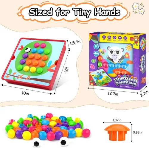 Miniatura 3 de AluAbi Large Button Art Toys for Toddlers, 10'' x 10'' Color Matching Mosaic Pegboard with 12 Pictures and 46 Buttons, Early Educational Toys for 3