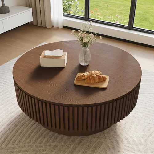 Miniatura 4 de Mesa de centro redonda con almacenamiento, mesas de centro de madera acanalada modernas con base resistente, mesa de té central circular de tambor