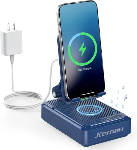Miniatura 11 de Jteman Soporte para teléfono celular con altavoz Bluetooth y cargador inalámbrico, soporte de estación de carga de escritorio con altavoz