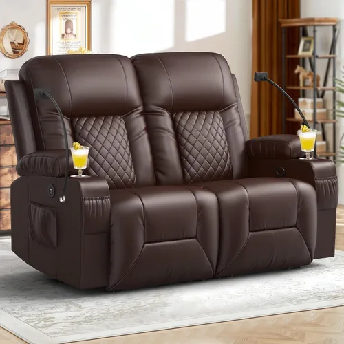 Miniatura 26 de FURNIMAT Sofá reclinable biplaza, sofá reclinable doble de 3 plazas con consola abatible, moderno sofá biplaza de cuero PU para sala de estar/casa
