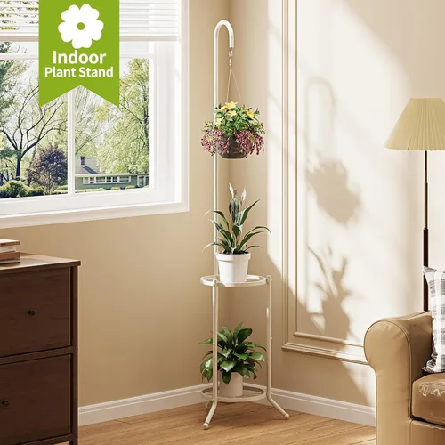 Miniatura 4 de BMOSU - Soporte para plantas con ganchos para interiores y exteriores, soporte alto de metal resistente de 3 niveles para patio, jardín, balcón