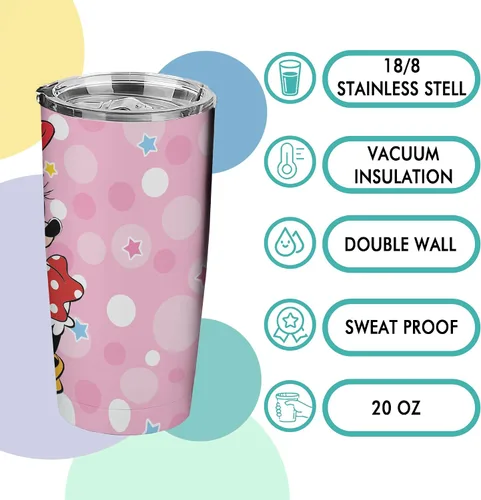Miniatura 3 de Vaso de 20 oz de acero inoxidable rosa con pajita y tapa, a prueba de fugas, taza de café para viajes, para uso en casa y al aire libre, tazas Ratón