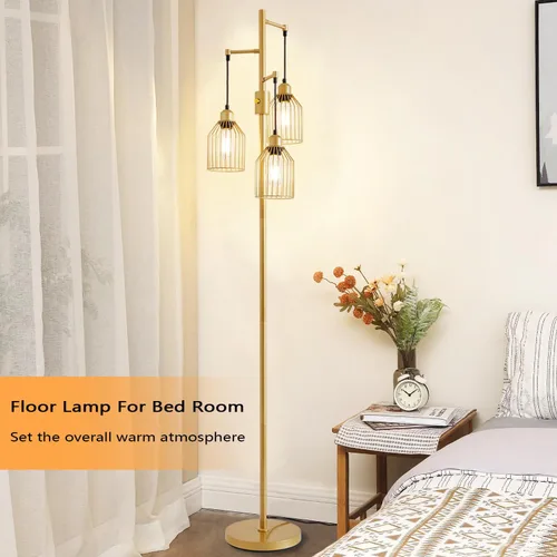 Miniatura 6 de Lámpara de Pie Regulable para Sala de Estar, Lámparas de Pie de Estilo Rústico con Elegante Jaula Colgante, 3 Bombillas LED Edison Incluidas, Luz