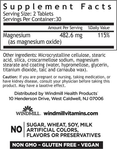 Miniatura 2 de Windmill Vitaminas naturales óxido de magnesio 400 mg, apoyo inmunológico, apoya la recuperación muscular, apoya la salud del corazón, 60