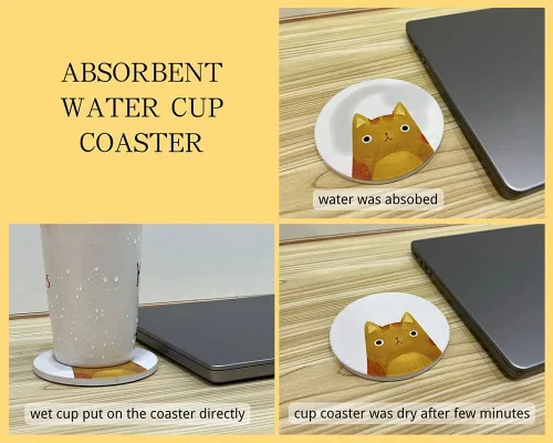 Miniatura 3 de Juego de 6 posavasos redondos absorbentes de piedra de cerámica lindos para bebidas de gato para tazas y tazas, mesa de café, escritorio de oficina