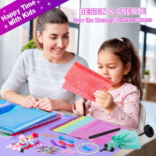 Miniatura 6 de MINIFUN Kit de diseño de moda para niñas, kit de costura con 4 maniquíes, kit de manualidades y manualidades para niños, kit de fabricación de ropa
