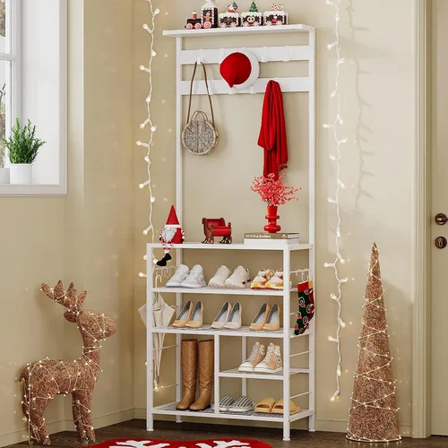Miniatura 11 de GiftGo Árbol de pasillo grande vintage de 5 niveles con mesa de consola, entrada, perchero de pie para zapatos, estante organizador para el hogar