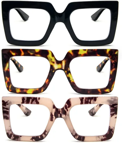 Paquete de 3 lentes de lectura de marco grueso de gran tamaño para mujer, elegantes anteojos cuadrados grandes que bloquean la luz azul