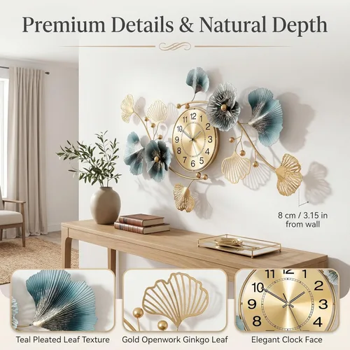 Miniatura 4 de Relojes de pared para decoración de sala de estar, reloj de pared grande, diseño creativo 3D de hoja de ginkgo de metal, con movimiento silencioso